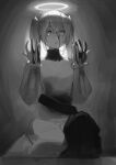  abbystea barbara_(genshin_impact) blood blood_on_face blood_on_hands empty_eyes genshin_impact greyscale halo hands_up highres monochrome painterly russian_commentary 