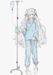  1girl blue_eyes blue_flower blue_hair expressionless flower full_body grey_hair hair_flower hair_ornament hair_over_one_eye hospital_gown intravenous_drip isekai_joucho iv_stand kamitsubaki_studio long_hair looking_at_viewer multicolored_hair remil simple_background sketch slippers solo two-tone_hair very_long_hair virtual_youtuber white_background 