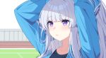  1girl adjusting_hair arms_up blue_archive blue_jacket blurry blurry_background blush closed_mouth collarbone commentary grey_hair highres jacket lips long_hair long_sleeves noa_(blue_archive) portrait reia_76 solo track_jacket twitter_username violet_eyes 