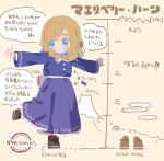  1girl blonde_hair blue_eyes blush_stickers brown_footwear closed_mouth dress highres long_sleeves maribel_hearn nama_udon outstretched_arms purple_dress shoes short_hair simple_background solo spread_arms touhou yellow_background 