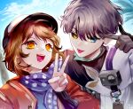  1boy 1girl :d :p black_gloves black_sclera blue_background blue_dress blue_eyes blue_neckerchief blue_sky brown_hair cabbie_hat clouds coat colored_sclera dress finger_to_eye gloves grey_hair hand_up hat heterochromia highres jacket looking_at_viewer luosi_(rrros) mismatched_sclera neckerchief polka_dot_neckerchief red_jacket regulus_(reverse:1999) reverse:1999 short_hair sky smile teeth tongue tongue_out upper_body v white_coat x_(reverse:1999) yellow_eyes 
