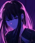  1girl backlighting black_hair chxoswolf closed_mouth english_commentary expressionless inoue_takina jacket long_hair looking_at_viewer lycoris_recoil lycoris_uniform neon_palette pink_theme portrait purple_background purple_theme serious signature solo violet_eyes 