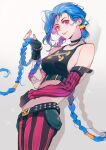  1girl arcane:_league_of_legends arcane_jinx bai_xin belt black_gloves black_tank_top blue_hair commentary english_commentary eyelashes fingerless_gloves gloves gradient_hair happy highres jinx_(league_of_legends) league_of_legends long_hair looking_at_viewer low_twintails midriff multicolored_hair pants pink_eyes pink_hair smile solo standing striped striped_pants tank_top twintails 