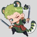  1boy animal_ears chibi dol_ishi dual_wielding full_body green_hair holding japanese_clothes kemonomimi_mode kimono light_frown male_focus one_piece roronoa_zoro short_hair solo standing sword tail tiger_ears tiger_tail weapon 