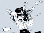 1girl arms_up buttons closed_eyes collared_shirt grey_background greyscale hat long_sleeves medium_hair monochrome nama_udon open_mouth shirt simple_background skirt solo touhou upper_body usami_renko 