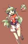  1girl absurdres brown_background green_eyes green_hair highres komano_aunn long_hair multiple_views simple_background touhou uninosono 