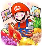  1girl 4boys blonde_hair blue_overalls brown_hair commentary crown durian earrings f.l.u.d.d. facial_hair food fruit gloves grapes hoshi_(star-name2000) jewelry lobster long_hair mario multiple_boys mustache overalls pineapple princess_peach red_shirt red_toad_(mario) shirt short_hair super_mario_bros. super_mario_sunshine toad_(mario) toadsworth 