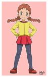  1girl blush_stickers border brown_hair cardigan closed_mouth commentary full_body green_eyes grey_pantyhose hands_on_own_hips highres long_hair macy_(pokemon) monosex outline pantyhose pink_background pleated_skirt pokemon pokemon_(anime) pokemon_(classic_anime) red_footwear red_shirt red_skirt shirt shoes skirt smile solo standing twintails white_border yellow_cardigan 