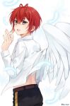  1boy angel_wings antenna_hair back belt black_pants grey_eyes hair_between_eyes highres kwakah long_sleeves male_focus open_clothes open_shirt pants redhead riddle_rosehearts shirt solo twisted_wonderland white_background white_shirt wings 