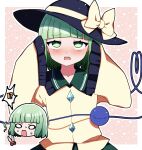  !? 1girl absurdres alternate_hairstyle black_headwear blush buttons collared_shirt diamond_button frilled_sleeves frills green_eyes green_hair hat hat_ribbon heart heart_of_string highres komeiji_koishi multiple_views open_mouth ribbon scissors shirt short_hair sleeves_past_fingers sleeves_past_wrists third_eye touhou wide_sleeves yellow_ribbon yellow_shirt you_(noanoamoemoe) 