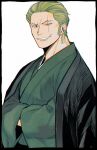  1boy aged_up earrings green_hair green_kimono grin hair_slicked_back japanese_clothes jewelry kimono kiyoshita looking_at_viewer male_focus one_piece portrait roronoa_zoro scar scar_across_eye short_hair smile solo white_background 