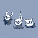  3others alternate_costume black_eyes black_skin blank_eyes blush broken_vessel_(hollow_knight) buttons cloak colored_skin commentary full_body fur-trimmed_cloak fur_trim greenpath_vessel_(hollow_knight) grey_background grey_cloak holding holding_weapon hollow_knight jumping knight_(hollow_knight) looking_at_viewer multiple_others nail_(hollow_knight) other_focus sakana_2-gou simple_background standing weapon weapon_on_back winter_clothes 