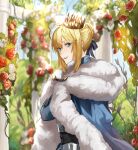  1girl absurdres ahoge artoria_pendragon_(fate) black_ribbon blonde_hair blue_cape blue_eyes braid braided_bun cape crown eyelashes fate/grand_order fate_(series) flower fur-trimmed_cape fur_trim hair_bun highres long_sleeves looking_at_viewer outdoors pillar red_flower red_rose ribbon rose saber sidelocks solo teeth upper_teeth_only white_flower white_rose zuraa_(naunau_seijin) 