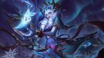 1girl alternate_costume breasts colored_skin drill_hair elbow_gloves gem gloves green_eyes grey_gloves grey_skin gwen_(league_of_legends) heterochromia highres holding holding_scissors ladyofmorh large_breasts league_of_legends outdoors oversized_object pink_eyes red_lips scissors short_sleeves skirt smile snowflakes solo_focus teeth twin_drills twintails warwick white_hair 