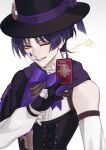  1boy absurdres bishounen cosplay eyeshadow genshin_impact hat highres illa_ohara lyney_(genshin_impact) makeup male_focus one_eye_closed purple_hair scaramouche_(genshin_impact) short_hair simple_background sleeveless solo star_(symbol) teardrop_tattoo top_hat upper_body violet_eyes wanderer_(genshin_impact) white_background 