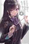  1girl aoi_kounominato argyle_bowtie black_hair black_jacket bloom blurry blurry_background bow bowtie breasts buttons collared_shirt copyright_name crystal_earrings dangle_earrings dated double-breasted earrings highres holding holding_pointer isekai_ten&#039;i_shite_kyoushi_ni_natta_ga_majo_to_osorerareteiru_ken jacket jewelry long_hair long_sleeves looking_at_viewer looking_to_the_side medium_breasts open_mouth pointer purple_bow purple_bowtie school_uniform shirt solo speech_bubble suzuno_(bookshelf) swept_bangs translation_request twitter_username upper_body violet_eyes white_shirt 