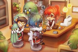  4boys character_request chibi cup desk diluc_(genshin_impact) genshin_impact highres indoors kaeya_(genshin_impact) leaf light_bulb male_focus multiple_boys plant plate shadow sparkle stool window xindi 