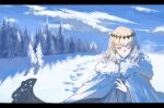  1boy blue_eyes blue_sky cloak clouds diamond_hairband fate/grand_order fate_(series) footprints forest fur-trimmed_cloak fur_trim highres long_sleeves male_focus medium_hair nature oberon_(fate) outdoors pine_tree sky smile snow solo tree white_cloak white_hair winter zuraa_(naunau_seijin) 