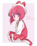  1girl animal_ears arima_kana beret blush bob_cut child dress hat highres inverted_bob looking_at_viewer my_melody oshi_no_ko pink_background rabbit_ears red_dress red_eyes red_footwear redhead short_hair simple_background sitting socks solo to9_722 white_headwear white_socks 
