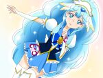  1girl alternate_costume blue_eyes blue_hair blue_skirt blush boots brooch color_connection commentary_request cure_ange cure_princess dutch_angle earrings hair_ornament happinesscharge_precure! head_wings heart heart_brooch hugtto!_precure jewelry kechinbo_silver long_hair looking_at_viewer magical_girl precure skirt solo thick_eyelashes thigh_boots very_long_hair vest wings wrist_cuffs 