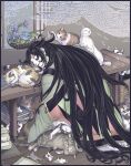  1boy ashiya_douman_(fate) black_hair book cat commentary_request earrings fate/grand_order fate_(series) fish flower frog indoors japanese_clothes jewelry kinuttta long_hair male_focus paintbrush single_earring sleeping very_long_hair 
