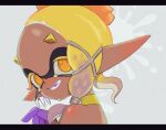  1girl blonde_hair colored_skin commentary_request crying crying_with_eyes_open dark-skinned_female dark_skin fangs forehead frye_(splatoon) grey_background isamu-ki_(yuuki) looking_at_viewer multicolored_hair pointy_ears purple_hair purple_skin signature simple_background solo splatoon_(series) splatoon_3 tears tentacle_hair upper_body yellow_eyes 