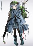  1girl absurdres backpack bag blue_eyes blue_footwear blue_hair blue_jacket boots character_name closed_mouth commentary crowbar full_body green_headwear grey_background gun hair_bobbles hair_ornament highres holding holding_gun holding_weapon jacket kagiyama_hina kawashiro_nitori long_sleeves looking_at_viewer ougiikun pocket radar smile solo touhou two_side_up weapon 