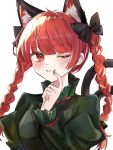  1girl animal_ear_fluff animal_ears black_bow blush bow braid cat_ears cat_tail dress extra_ears finger_to_mouth green_dress highres kaenbyou_rin multiple_tails one_eye_closed portrait red_eyes redhead rieru_12 simple_background slit_pupils solo tail touhou twin_braids two_tails white_background 