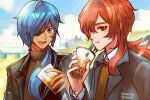  2boys black_jacket blue_eyes blue_hair blue_sky brown_sweater bubble_tea clouds cloudy_sky collared_shirt day diluc_(genshin_impact) genshin_impact highres jacket kaeya_(genshin_impact) long_hair multiple_boys open_mouth outdoors red_eyes redhead shadow shirt sky smile sparkle sweater white_shirt xindi 