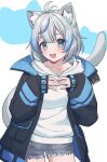  1girl absurdres animal_ears black_jacket blue_hair cat_ears cat_girl cat_tail fang grey_hair grey_shorts grey_tail hanano_yuki highres hood hoodie indie_virtual_youtuber jacket long_sleeves medium_hair multicolored_hair open_mouth sakura_chiyo_(konachi000) shorts solo tail white_background white_hoodie 