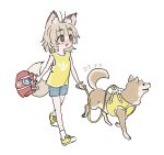  1girl adidas animal_ears antenna_hair bag blonde_hair blunt_bangs blush bouen brown_eyes commentary_request cutoffs dated denim denim_shorts fox_ears fox_girl fox_tail full_body highres holding holding_bag holding_leash leash logo_parody looking_to_the_side looking_up medium_hair no_pupils open_mouth original pet_walking raised_eyebrows shiba_inu shoes short_shorts shorts simple_background smile sneakers solo tail tank_top thick_eyebrows white_background yellow_footwear yellow_tank_top 