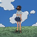  1girl black_eyes black_footwear black_hair blue_skirt blue_sky clouds cloudy_sky collared_shirt commentary_request covered_mouth day field fucca full_body grass hair_over_mouth highres holding_own_arm horizon light_blush looking_to_the_side medium_hair no_socks on_grass original outdoors pleated_skirt profile raised_eyebrows sandals shirt short_sleeves skirt sky solo standing white_shirt wind 