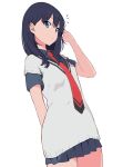  1girl arm_behind_head black_hair black_skirt blue_eyes gridman_universe gridman_universe_(film) highres lensu_(lotus36936936) long_hair looking_at_viewer necktie pleated_skirt school_uniform shirt simple_background skirt solo takarada_rikka thighs 