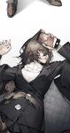  1girl akechi_(826988799) animal_ears arknights arms_up ascot bespectacled black_coat black_nails brown_footwear brown_hair cellphone coat commentary_request cowboy_shot fiammetta_(arknights) glasses highres long_hair long_sleeves lying mole_above_eye on_back on_floor orange_eyes out_of_frame parted_lips penance_(arknights) phone shirt simple_background smartphone solo_focus white_ascot white_background white_shirt wolf_ears wolf_girl 