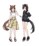  2girls absurdres air_groove_(umamusume) alternate_costume animal_ears black_hair black_jacket black_shirt black_shorts brown_hair cellphone closed_mouth clover_hair_ornament eyebrow_piercing fine_motion_(umamusume) floral_print full_body green_eyes hair_ornament hand_in_pocket high-waist_skirt highres holding holding_phone horse_ears horse_girl horse_tail jacket long_hair looking_at_viewer multiple_girls phone piercing rokojii sandals shirt short_hair short_shorts shorts simple_background skirt sleeveless sleeveless_shirt smartphone tail tank_top toeless_footwear toes umamusume v-neck white_background white_skirt yellow_eyes 