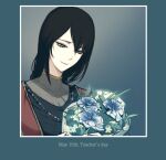  black_hair blue_eyes dot_7333 elden_ring flower holding holding_flower jewelry necklace robe smile sorceress_sellen white_flower 