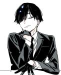  1boy black_gloves black_hair black_jacket black_necktie character_request closed_eyes closed_mouth collared_shirt copyright_request earrings gloves hagiwara_daisuke hand_up jacket jewelry long_sleeves male_focus necktie shirt short_hair solo upper_body white_background white_shirt 