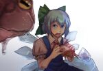  1girl blue_dress blue_eyes blue_hair blush bow cirno cirno_day collared_shirt commentary cowboy_shot dress flat_chest food frog frozen frozen_frog green_bow hair_bow highres ice ice_wings lower_teeth_only medium_bangs neck_ribbon open_mouth pinafore_dress puffy_short_sleeves puffy_sleeves red_ribbon ribbon sandwich shirt short_hair short_sleeves simple_background sleeveless sleeveless_dress solo symbol-only_commentary tapirsono teeth touhou white_background white_shirt wings 