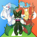  :d blue_background blue_eyes closed_mouth commentary_request delphox fangs fire green_background half-closed_eyes hands_up highres holding holding_stick knees_up long_sleeves looking_at_viewer mameshiba_(pixiv_59310) meowscarada own_hands_together pokemon pokemon_(creature) primarina red_background red_eyes sitting smile star_(symbol) stick violet_eyes wide_sleeves 
