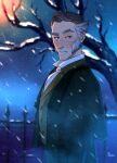  1boy a_christmas_carol a_christmas_carol_(2022) absurdres ascot black_hair blurry blurry_background cheekbones ebeneezer_scrooge frown grey_hair highres looking_at_viewer male_focus night nsowing old old_man outdoors sideburns solo suit thick_eyebrows vicar_friedrich white_ascot 