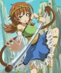  1girl bangle bare_shoulders barefoot blue_dress blue_sky bracelet brown_eyes brown_hair circlet clouds collarbone commentary_request copyright_request dragon_ball dress eyelashes frilled_dress frills green_dress gurina_15 highres holding holding_staff jewelry leg_up long_sleeves looking_at_viewer low_twintails medium_hair monkey_tail mountain multicolored_clothes multicolored_dress open_mouth outdoors outstretched_arm parody prehensile_tail reaching retro_artstyle ruyi_jingu_bang short_dress single_sleeve single_strap sky sleeveless sleeveless_dress son_biten staff tail touhou twintails twitter_username wavy_eyebrows white_sleeves wide_sleeves yellow_dress 