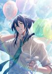 1boy aiue_o_eiua aqua_eyes balloon blue_hair blue_sky clouds collared_shirt commentary_request dated english_text green_necktie grin hand_on_own_neck happy happy_birthday head_tilt highres holding holding_balloon idolish7 long_hair looking_at_viewer male_focus necktie oogami_banri outdoors ponytail rainbow shirt sidelocks sky sleeves_rolled_up smile solo teeth white_shirt 