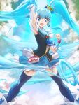  1girl arm_up artist_name blue_eyes blue_hair blue_necktie blue_skirt blue_thighhighs boots brooch clear_glass_(mildmild1311) clouds cloudy_sky commentary_request crown crown_hair_ornament cure_princess earrings hair_ornament happinesscharge_precure! heart heart_brooch heart_hair_ornament highres jewelry long_hair looking_at_viewer magical_girl mini_crown necktie open_mouth pouch precure serious shirayuki_hime signature skirt sky solo thigh-highs twintails twitter_username vest wind wing_earrings wrist_cuffs 