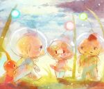  1girl 2boys alien alph_(pikmin) b_spa_gyoreva bad_id bad_pixiv_id badge big_nose black_eyes blue_eyes blue_gloves blue_hair blue_light blue_sky brittany_(pikmin) brown_eyes brown_hair buttons charlie_(pikmin) closed_mouth clothes_lift clouds cloudy_sky colored_skin facial_hair freckles glasses gloves grass green_gloves hands_on_own_hips helmet leaf miniskirt mohawk multiple_boys mustache no_mouth open_mouth outdoors pikmin_(creature) pikmin_(series) pink-framed_eyewear pink_gloves pink_hair pink_light pink_skirt pointy_ears pointy_nose radio_antenna red_pikmin red_skin short_hair skirt skirt_lift sky smile solid_oval_eyes space_helmet spacesuit star_(symbol) third-party_source triangular_eyewear very_short_hair walking whistle 