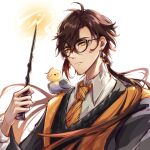  1boy animal_on_shoulder bespectacled bird bird_on_shoulder black-framed_eyewear brown_hair chenzcy chinese_commentary collared_shirt commentary_request dangle_earrings diagonal-striped_necktie earrings english_commentary genshin_impact glasses gradient_hair hair_between_eyes harry_potter_(series) highres holding holding_wand hufflepuff jewelry long_bangs long_sleeves looking_at_viewer male_focus mixed-language_commentary multicolored_hair necktie orange_necktie semi-circular_eyewear shirt simple_background upper_body wand white_background white_shirt wizarding_world yellow_eyes zhongli_(genshin_impact) 