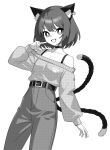  1girl alternate_costume animal_ears belt cat_ears cat_tail chen fang greyscale long_sleeves monochrome multiple_tails off-shoulder_sweater off_shoulder onkn_sxkn open_mouth pants short_hair simple_background smile solo sweater tail touhou two_tails white_background 