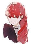  1girl angry black_bow black_bowtie bow bowtie formal highres jacket long_hair looking_at_viewer persona persona_5 ponytail red_eyes redhead sabakawa shirt simple_background solo suit white_background white_shirt yoshizawa_kasumi 