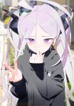  1girl absurdres ahoge airpods alternate_costume alternate_hairstyle black_hoodie black_mask black_sweater blue_archive blurry blurry_background bm_tol casual commentary covering_mouth demon_girl demon_horns depth_of_field forehead from_above hair_between_eyes highres hina_(blue_archive) hood hooded_sweater hoodie horns light_purple_hair long_hair long_sleeves looking_at_viewer looking_up mask mouth_mask multiple_horns outdoors parted_bangs removing_mask sidelocks solo surgical_mask sweater twintails upper_body v violet_eyes wavy_hair wireless_earphones 