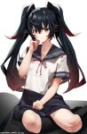  1girl absurdres black_hair black_skirt blue_sailor_collar closed_mouth crossed_bangs dated gradient_hair hair_between_eyes hand_on_own_face highres long_hair looking_at_viewer lucia:_plume_(punishing:_gray_raven) lucia_(punishing:_gray_raven) multicolored_hair punishing:_gray_raven red_eyes redhead sailor_collar school_uniform shirt short_sleeves sidelocks signature skirt solo streaked_hair taotao_bujue twintails very_long_hair white_shirt 