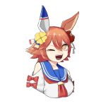  +_+ 1girl absurdres animal_ears breasts clothing_cutout clover_hair_ornament cropped_torso hair_between_eyes hair_ornament highres horse_ears looking_at_viewer matikanefukukitaru_(umamusume) neckerchief one_eye_closed open_mouth orange_hair red_neckerchief sailor_collar sanada_ina shirt short_hair shoulder_cutout simple_background small_breasts smile solo umamusume upper_body white_background white_shirt yellow_eyes 
